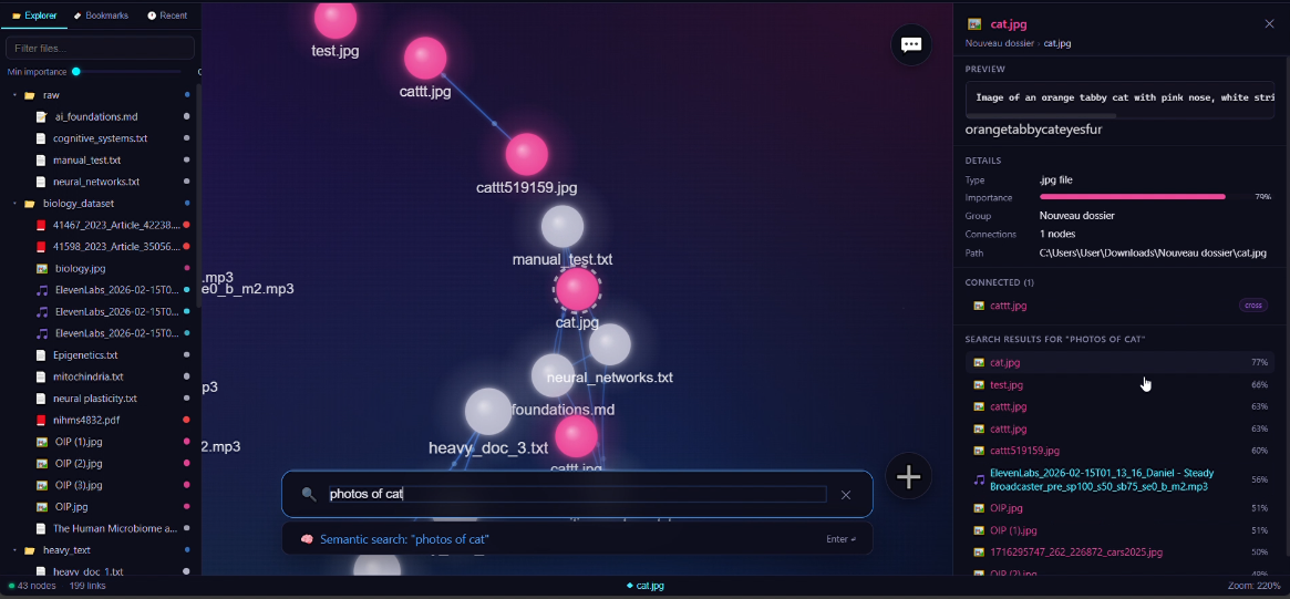 The constellation graph explorer: a force-directed graph of ingested files with a file tree on the left and a per-file detail panel on the right, over a semantic search bar